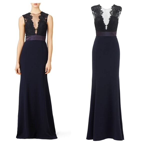 THEIA Illusion Neck Lace Trim Long Evening Gown Deep Midnight Size 4 $1200 - Picture 1 of 9